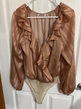 Lush Shimmery Peachy Copper Faux Wrap Bodysuit Size S